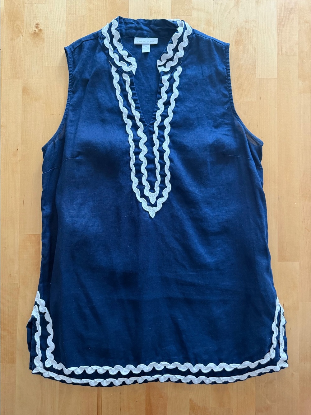 Charter Club Linen Navy Sleeveless Tunic with White Trim